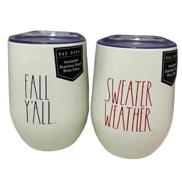Rae Dunn Wine Tumblers! "SWEATER WEATHER" & "FALL Y'ALL" Set of 2 NEW With Tags! - Picture 1 of 4
